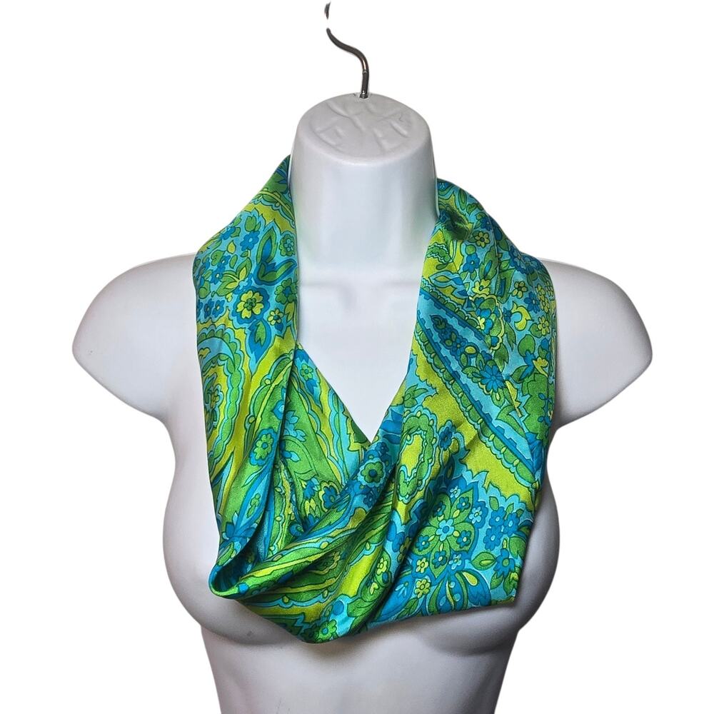 Vintage Silk Scarf Made In Japan Psychedelic Mod Paisley Blue Green Retro 60s